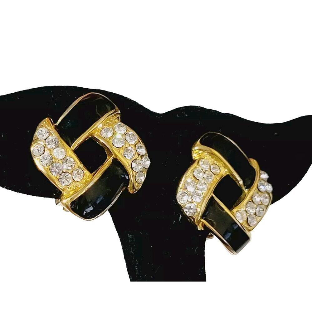 Vintage Rhinestone Clip-on Earrings Black Enamel Gold-tone Statement bc-9